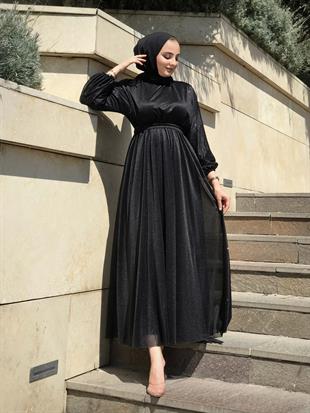 Kuşak Detaylı Shine Abiye Siyah