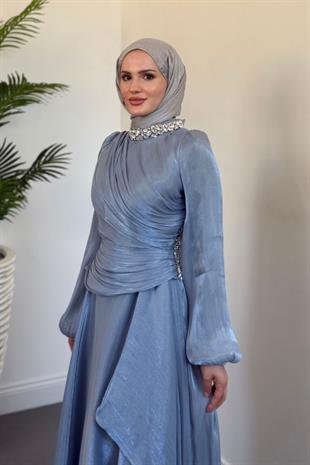 Kylea Yandan Taşlı Jan Jan Abiye Buz Mavisi