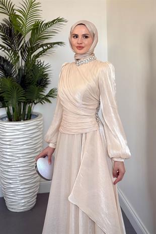 Kylea Yandan Taşlı Jan Jan Abiye Krem