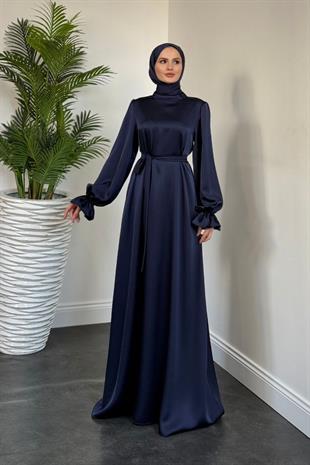Lady Kolu Fırfır Saten Abiye Lacivert