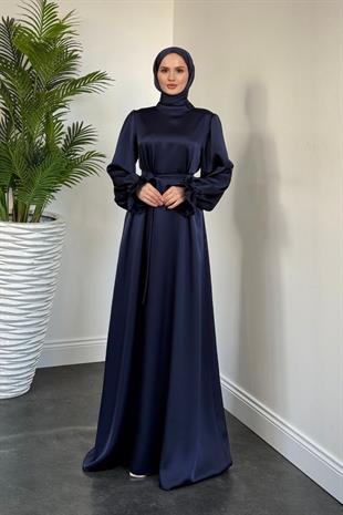 Lady Kolu Fırfır Saten Abiye Lacivert