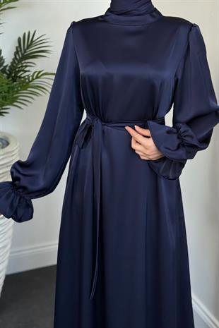 Lady Kolu Fırfır Saten Abiye Lacivert