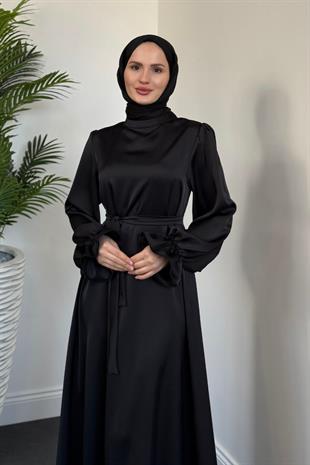 Lady Kolu Fırfır Saten Abiye Siyah