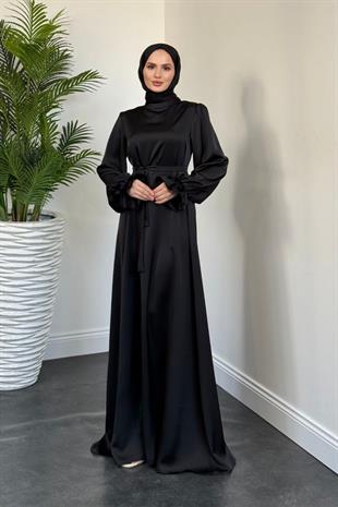 Lady Kolu Fırfır Saten Abiye Siyah