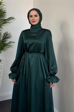 Lady Kolu Fırfır Saten Abiye Zümrüt