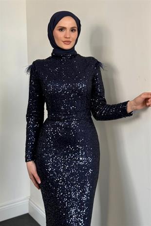 Lalin Payetli Balık Abiye Lacivert