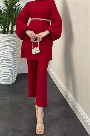 Larmina Beli İncili Pantolon Takım Bordo
