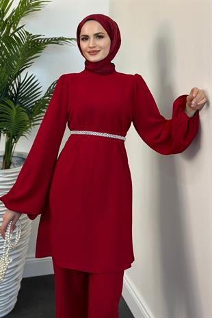 Larmina Beli İncili Pantolon Takım Bordo