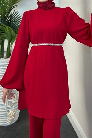 Larmina Beli İncili Pantolon Takım Bordo