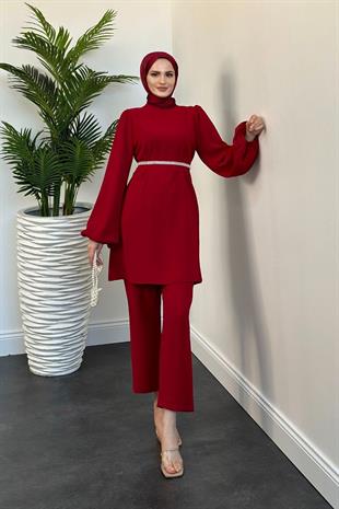 Larmina Beli İncili Pantolon Takım Bordo