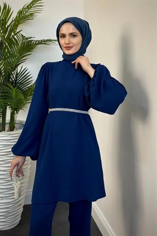 Larmina Beli İncili Pantolon Takım Lacivert