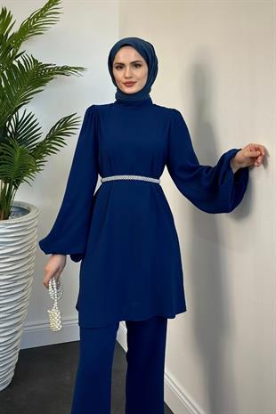 Larmina Beli İncili Pantolon Takım Lacivert