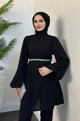 Larmina Beli İncili Pantolon Takım Siyah