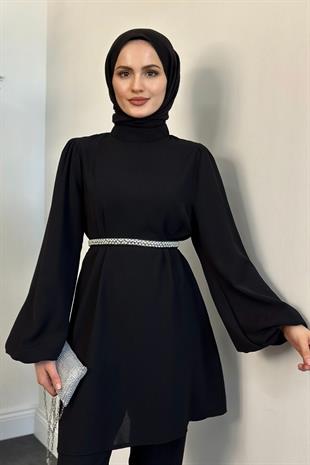 Larmina Beli İncili Pantolon Takım Siyah