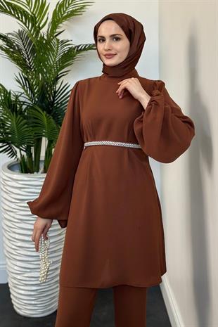 Larmina Beli İncili Pantolon Takım Taba