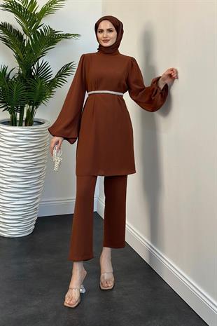 Larmina Beli İncili Pantolon Takım Taba