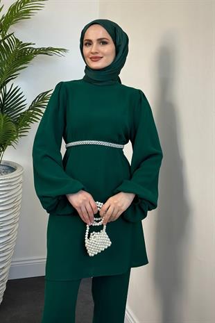 Larmina Beli İncili Pantolon Takım Zümrüt