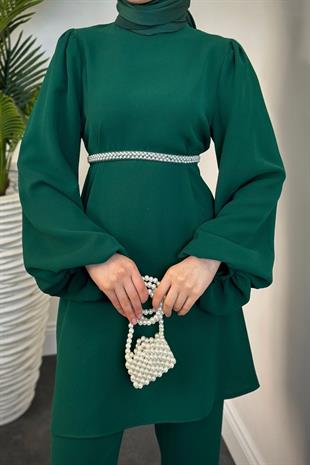Larmina Beli İncili Pantolon Takım Zümrüt