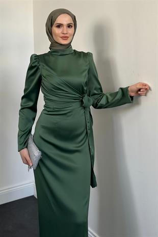 Laure Yandan Bağlamalı Saten Abiye Haki