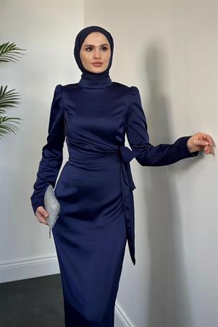 Laure Yandan Bağlamalı Saten Abiye Lacivert
