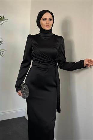 Laure Yandan Bağlamalı Saten Abiye Siyah