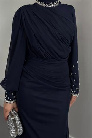 Lavrine Boynu Ve Kolu Taşlı Tül Abiye Lacivert