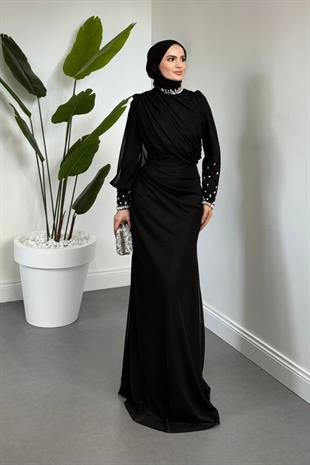 Lavrine Boynu Ve Kolu Taşlı Tül Abiye Siyah
