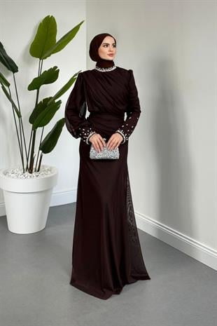 Lavrine Boynu Ve Kolu Taşlı Tül Abiye Acı Kahve