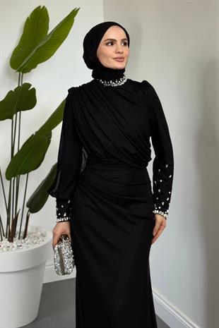 Lavrine Boynu Ve Kolu Taşlı Tül Abiye Siyah