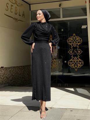 Lenora Bluzanlı Simli Kalem Abiye Siyah