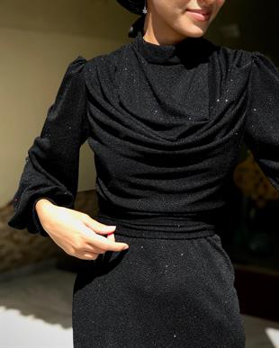 Lenora Bluzanlı Simli Kalem Abiye Siyah