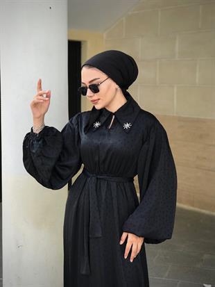 Lenta Puantiye Yakası Taşlı Elbise Siyah