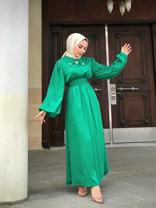 Lenta Puantiye Yakası Taşlı Elbise Yeşil