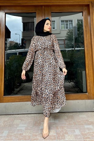 Leopar Desen Beli Sıkmalı Elbise Kahverengi