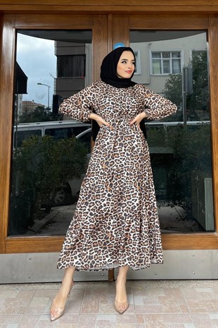 Leopar Desen Beli Sıkmalı Elbise Kahverengi