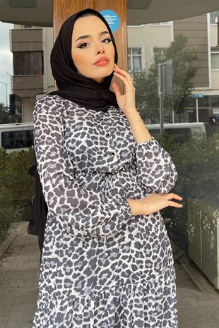 Leopar Desen Beli Sıkmalı Elbise Siyah