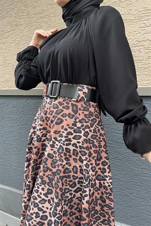 Leopar Desenli Kemerli Etek Kahverengi
