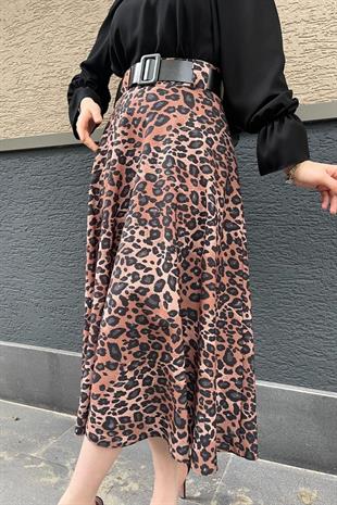 Leopar Desenli Kemerli Etek Kahverengi