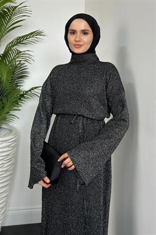 Liana Simli Triko Elbise Füme