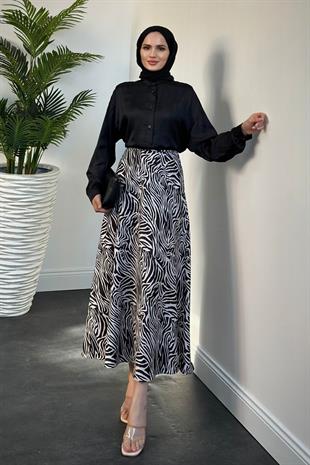 Liliya Zebra Desen Saten Etek Siyah