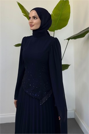 Lipa Taşlı Boncuklu Pliseli  Abiye Lacivert