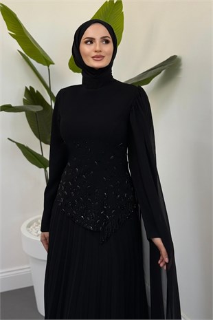 Lipa Taşlı Boncuklu Pliseli  Abiye Siyah 
