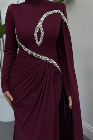 Lisette Taşlı Pelerinli Balık Abiye Mürdüm