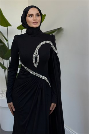 Lisette Taşlı Pelerinli Balık Abiye Siyah 