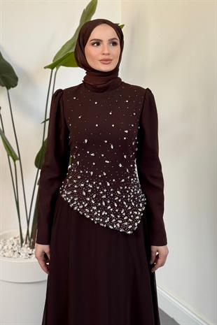 Liyana Üstü Taşlı Asimetrik Kesim Abiye Koyu Kahverengi