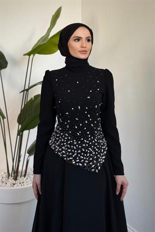 Liyana Üstü Taşlı Asimetrik Kesim Abiye Siyah