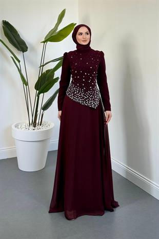 Liyana Üstü Taşlı Asimetrik Kesim Abiye Vişne Çürüğü