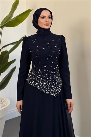Liyana Üstü Taşlı Asimetrik Kesim Abiye Lacivert