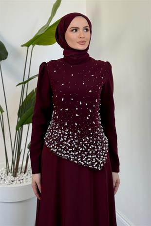 Liyana Üstü Taşlı Asimetrik Kesim Abiye Vişne Çürüğü