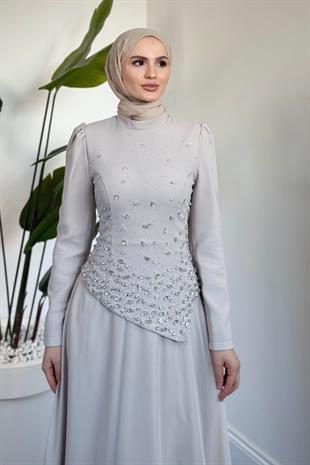 Liyana Üstü Taşlı Asimetrik Kesim Abiye Taş